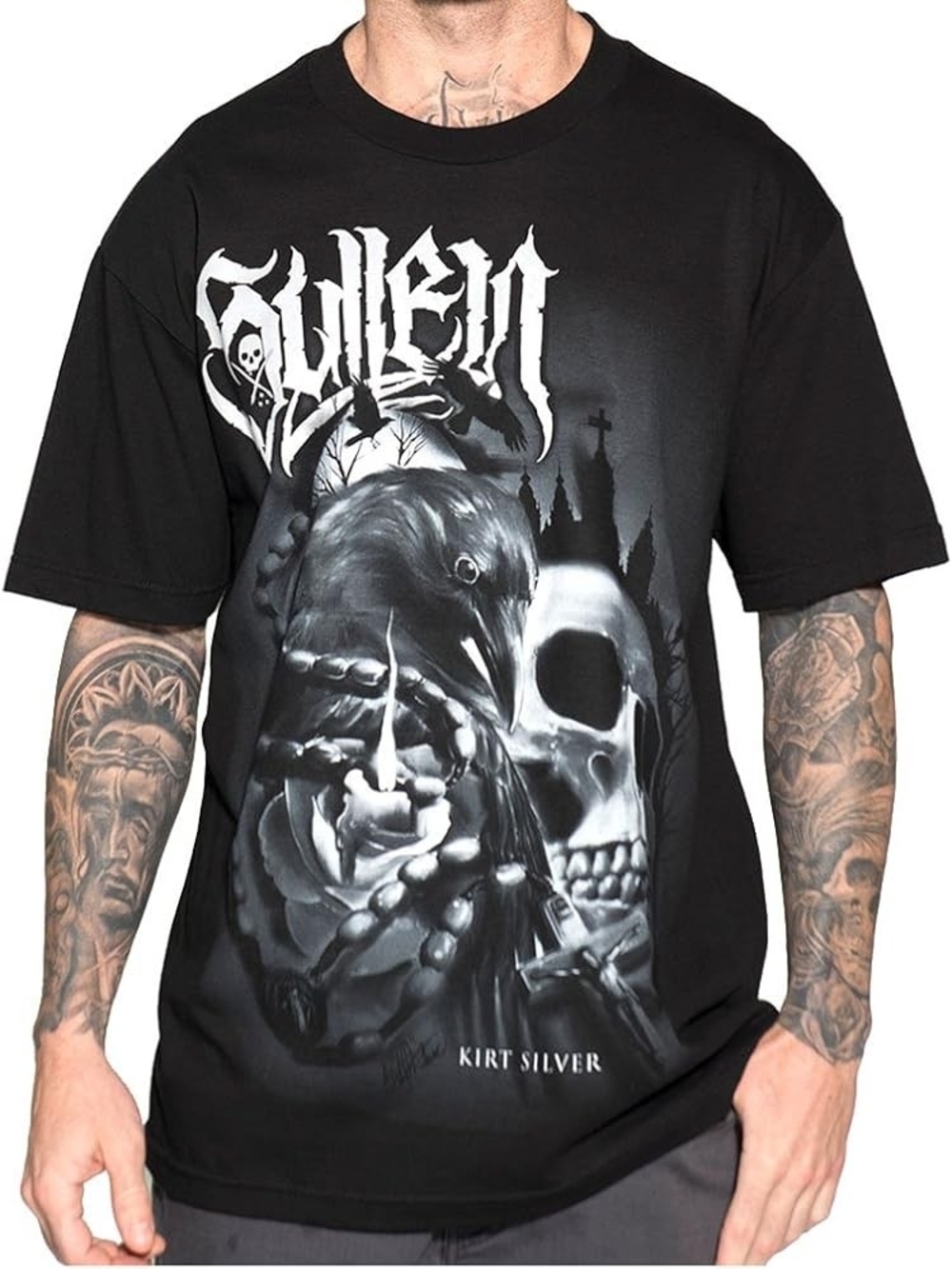 Black Graphic Raven & Skull Tee SULLEN - NWT- KIRT SILVER